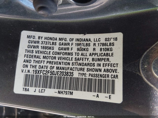 Aukcja sprzedaży 2018 Honda Civic Lx, vin: 19XFC2F50JE203835, numer aukcji: 46269660