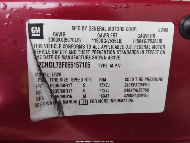 46269669 :رقم المزاد ، 2CNDL73F066157105 vin ، 2006 Chevrolet Equinox Lt مزاد بيع