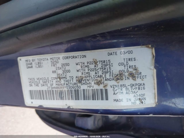 46269686 :رقم المزاد ، JT3HN86R8Y0306050 vin ، 2000 Toyota 4runner Sr5 V6 مزاد بيع