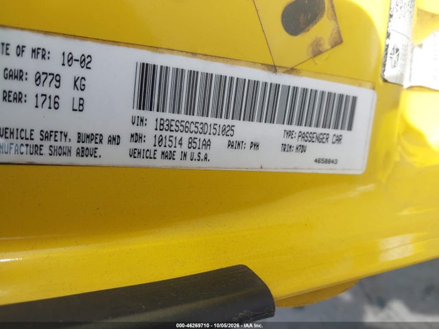 Продаж на аукціоні авто 2003 Dodge Neon Sxt, vin: 1B3ES56C53D151025, номер лоту: 46269710