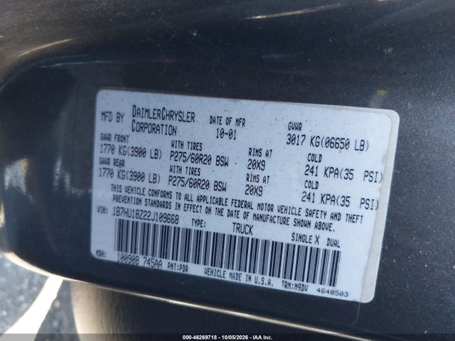 Aukcja sprzedaży 2002 Dodge Ram 1500 St, vin: 1B7HU18Z22J109668, numer aukcji: 46269718