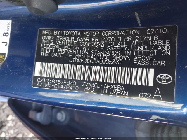 46269753 :رقم المزاد ، JTDKN3DU3A0205631 vin ، 2010 Toyota Prius Ii مزاد بيع