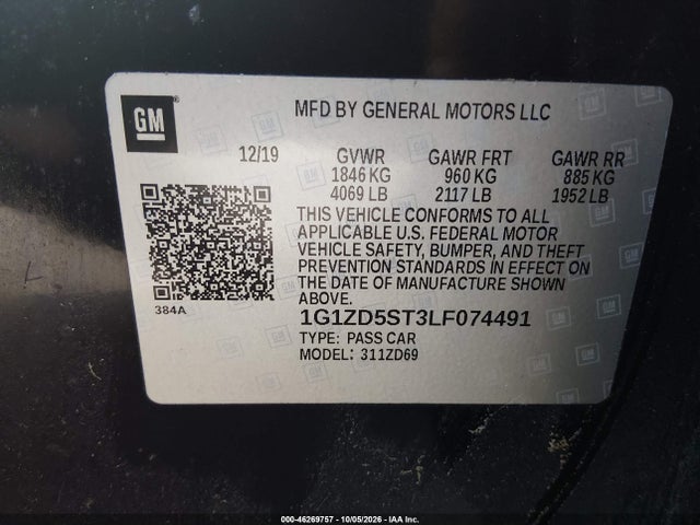 Продажа на аукционе авто 2020 Chevrolet Malibu Fwd Lt, vin: 1G1ZD5ST3LF074491, номер лота: 46269757