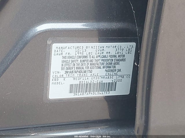 2013 Nissan Sentra Sv მანქანა იყიდება აუქციონზე, vin: 3N1AB7AP4DL561753, აუქციონის ნომერი: 46269849