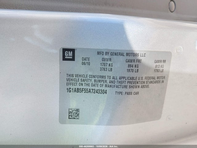 46269863 :رقم المزاد ، 1G1AB5F55A7243304 vin ، 2010 Chevrolet Cobalt Ls مزاد بيع