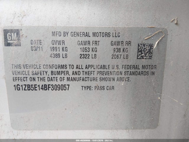 46269866 :رقم المزاد ، 1G1ZB5E14BF309057 vin ، 2011 Chevrolet Malibu Ls مزاد بيع