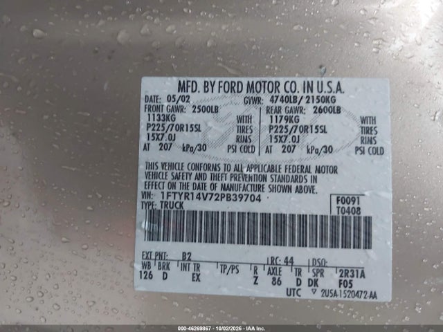 46269867 :رقم المزاد ، 1FTYR14V72PB39704 vin ، 2002 Ford Ranger Edge/tremor/xl/xlt مزاد بيع