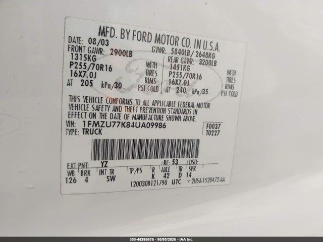 46269875 :رقم المزاد ، 1FMZU77K84UA09986 vin ، 2004 Ford Explorer Sport Trac Adrenalin/xls/xlt مزاد بيع