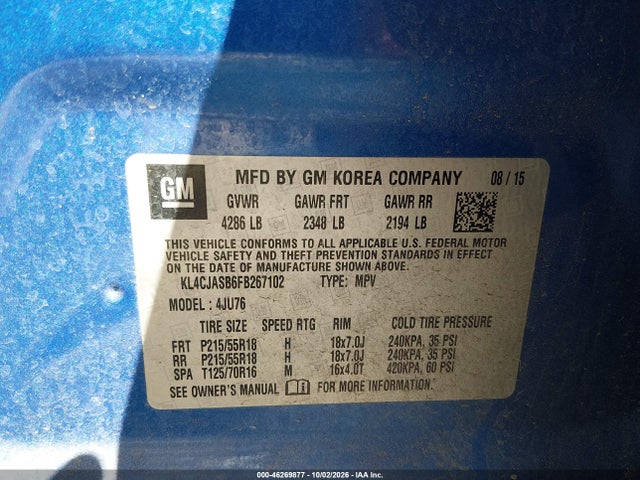 46269877 :رقم المزاد ، KL4CJASB6FB267102 vin ، 2015 Buick Encore مزاد بيع