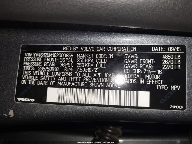 46269880 :رقم المزاد ، YV4612UM1G2000858 vin ، 2016 Volvo S60 Cross Country T5 Platinum مزاد بيع