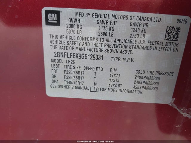 Chevrolet EQUINOX LT 2016 2GNFLFEK9G6129331 Image 9