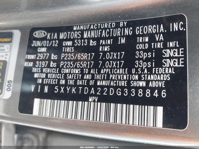 2013 Kia Sorento Lx V6 მანქანა იყიდება აუქციონზე, vin: 5XYKTDA22DG338846, აუქციონის ნომერი: 46269891