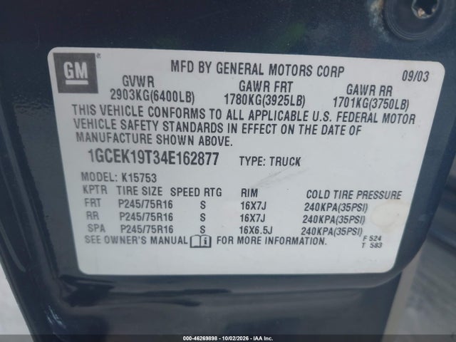 2004 Chevrolet Silverado 1500 Lt მანქანა იყიდება აუქციონზე, vin: 1GCEK19T34E162877, აუქციონის ნომერი: 46269898