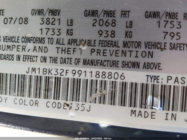 Продаж на аукціоні авто 2009 Mazda Mazda3 I, vin: JM1BK32F991188806, номер лоту: 46269914