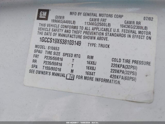 2003 Chevrolet S-10 Ls მანქანა იყიდება აუქციონზე, vin: 1GCCS19X638103149, აუქციონის ნომერი: 46269917