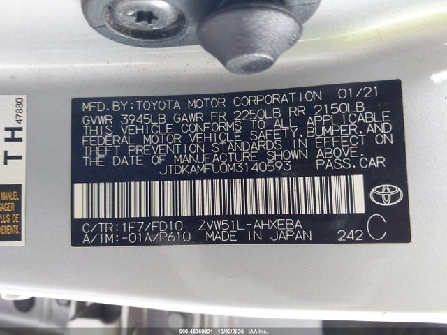 Aukcja sprzedaży 2021 Toyota Prius Le, vin: JTDKAMFU0M3140593, numer aukcji: 46269921