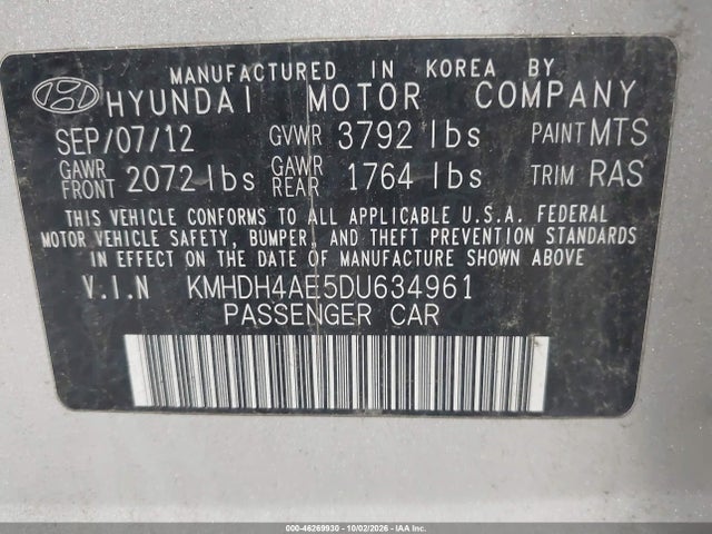 Aukcja sprzedaży 2013 Hyundai Elantra Limited, vin: KMHDH4AE5DU634961, numer aukcji: 46269930
