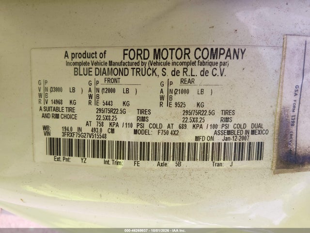 Продажа на аукционе авто 2007 Ford F-750 Xl/xlt, vin: 3FRXF75G27V515548, номер лота: 46269937