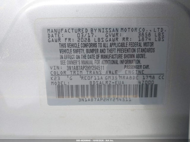 Продаж на аукціоні авто 2017 Nissan Sentra Sr, vin: 3N1AB7AP2HY294511, номер лоту: 46269948