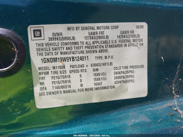 Продаж на аукціоні авто 2000 Chevrolet Astro, vin: 1GNDM19W9YB124911, номер лоту: 46269959