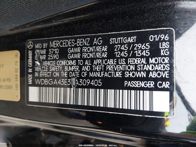 46269964 :رقم المزاد ، WDBGA43E3TA309405 vin ، 1996 Mercedes-benz S 420 مزاد بيع
