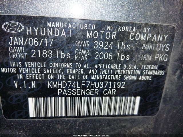 2017 Hyundai Elantra Se მანქანა იყიდება აუქციონზე, vin: KMHD74LF7HU371192, აუქციონის ნომერი: 46269969