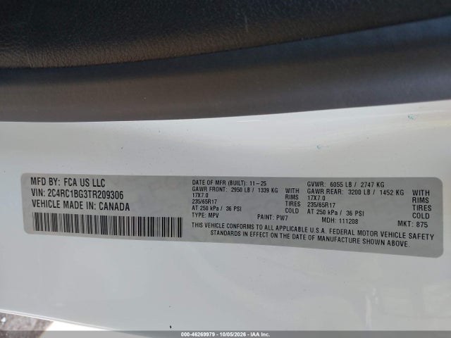 Продажа на аукционе авто 2026 Chrysler Pacifica Select, vin: 2C4RC1BG3TR209306, номер лота: 46269979