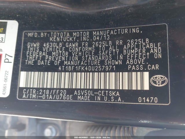 2013 Toyota Camry Se მანქანა იყიდება აუქციონზე, vin: 4T1BF1FK4DU257971, აუქციონის ნომერი: 46269981