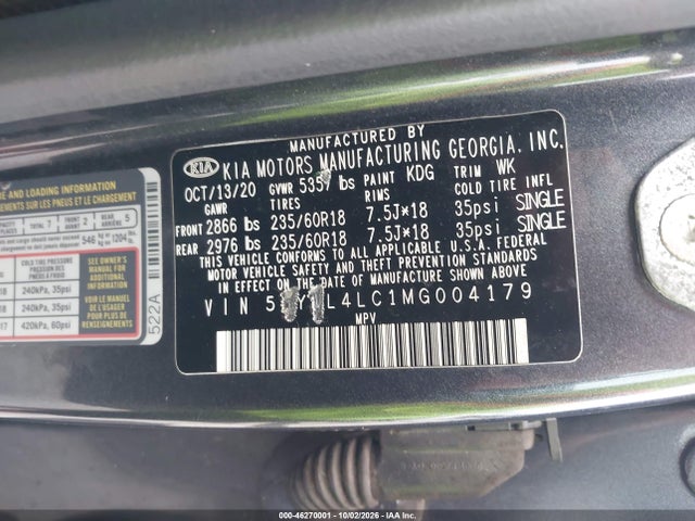 2021 Kia Sorento S მანქანა იყიდება აუქციონზე, vin: 5XYRL4LC1MG004179, აუქციონის ნომერი: 46270001