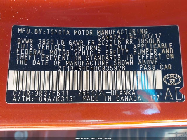 46270021 :رقم المزاد ، 2T1BURHE4HC835926 vin ، 2017 Toyota Corolla Le مزاد بيع