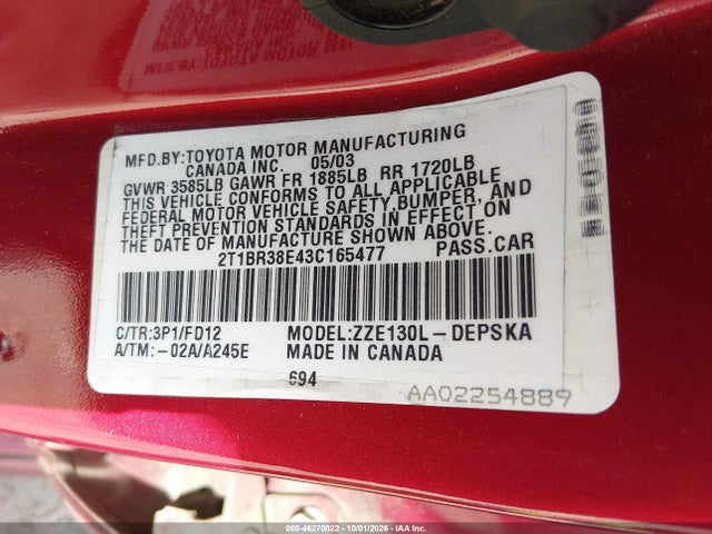Продажа на аукционе авто 2003 Toyota Corolla S, vin: 2T1BR38E43C165477, номер лота: 46270022