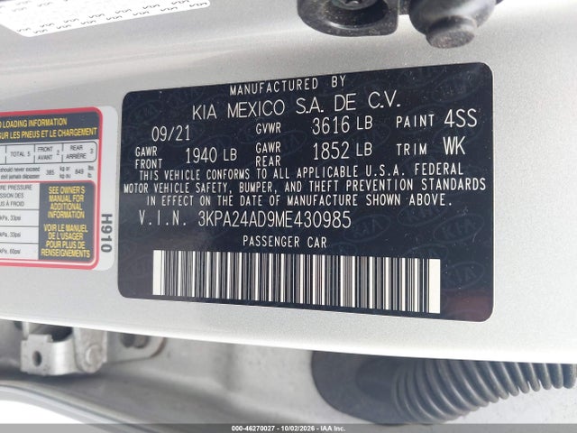 Продаж на аукціоні авто 2021 Kia Rio S, vin: 3KPA24AD9ME430985, номер лоту: 46270027