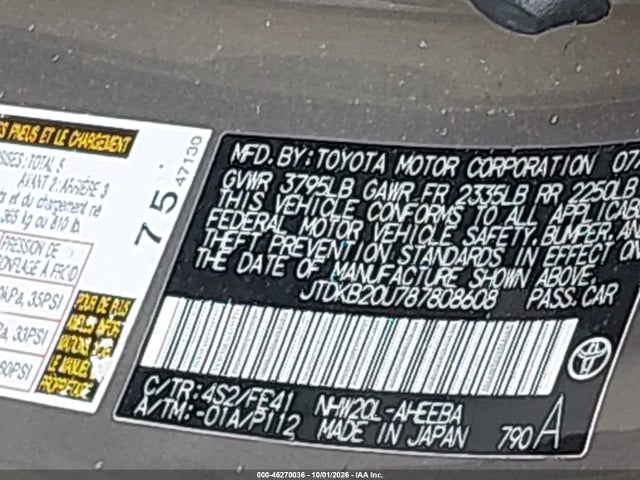 Продажа на аукционе авто 2008 Toyota Prius, vin: JTDKB20U787808608, номер лота: 46270036