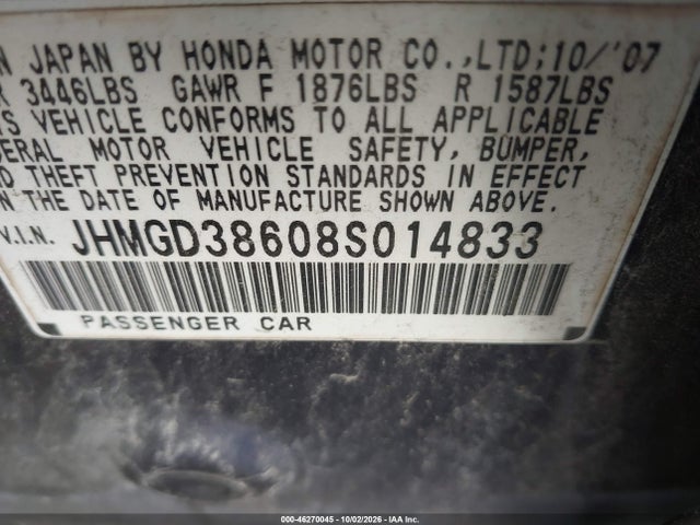 Aukcja sprzedaży 2008 Honda Fit Sport, vin: JHMGD38608S014833, numer aukcji: 46270045