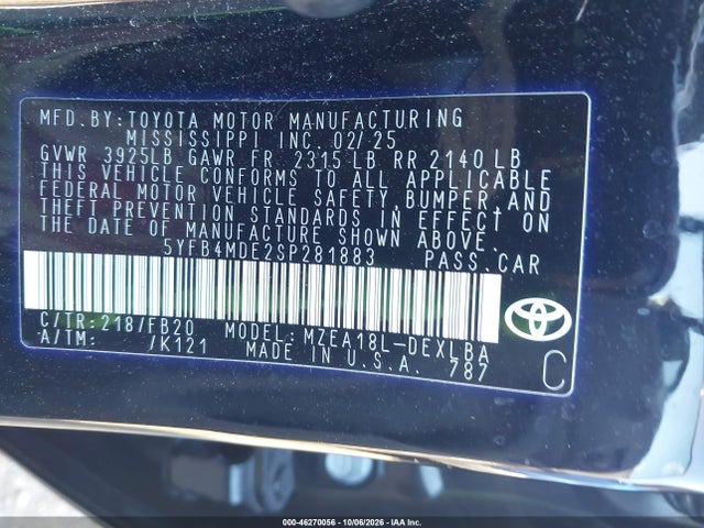 46270056 :رقم المزاد ، 5YFB4MDE2SP281883 vin ، 2025 Toyota Corolla Le مزاد بيع