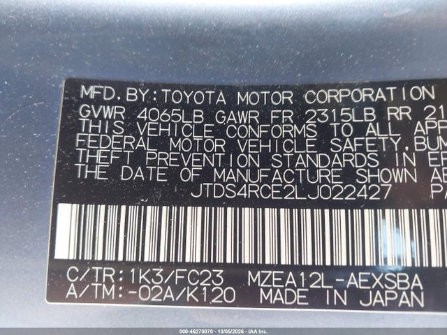 2020 Toyota Corolla Se მანქანა იყიდება აუქციონზე, vin: JTDS4RCE2LJ022427, აუქციონის ნომერი: 46270070