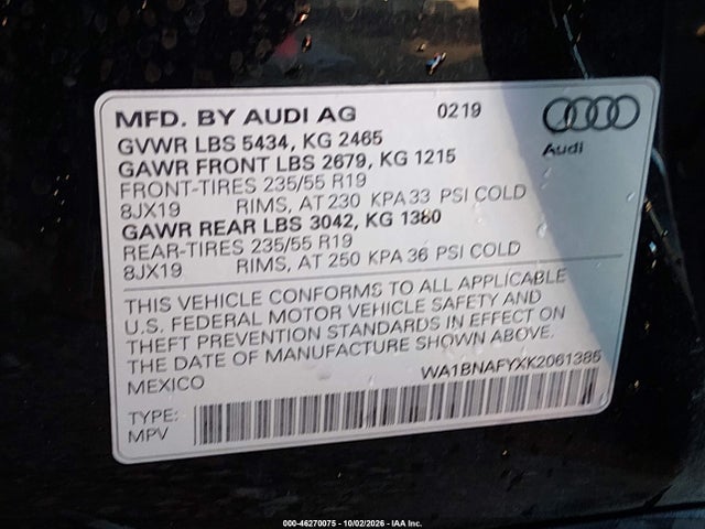 46270075 :رقم المزاد ، WA1BNAFYXK2061385 vin ، 2019 Audi Q5 45 Premium مزاد بيع