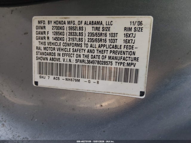 Aukcja sprzedaży 2007 Honda Odyssey Ex, vin: 5FNRL38497B028575, numer aukcji: 46270109