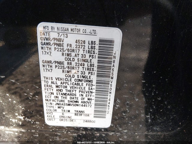 Aukcja sprzedaży 2013 Nissan Rogue Sv, vin: JN8AS5MV5DW144572, numer aukcji: 46270133