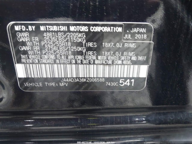 46270146 :رقم المزاد ، JA4AD3A36KZ006588 vin ، 2019 Mitsubishi Outlander Se مزاد بيع