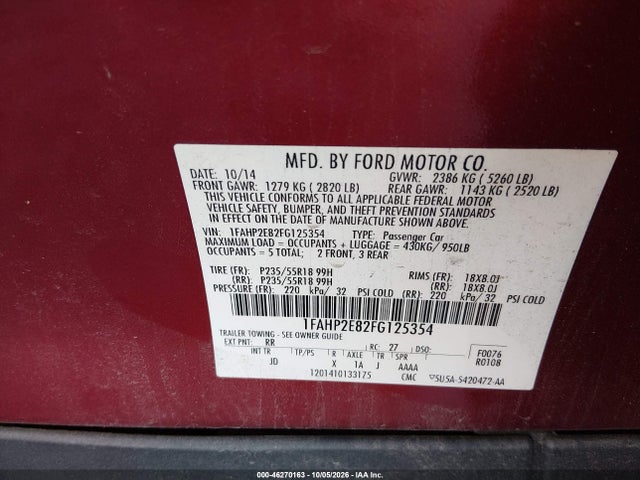 2015 Ford Taurus Sel მანქანა იყიდება აუქციონზე, vin: 1FAHP2E82FG125354, აუქციონის ნომერი: 46270163