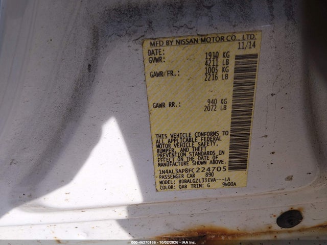 2015 Nissan Altima 2.5 S მანქანა იყიდება აუქციონზე, vin: 1N4AL3AP8FC224705, აუქციონის ნომერი: 46270166