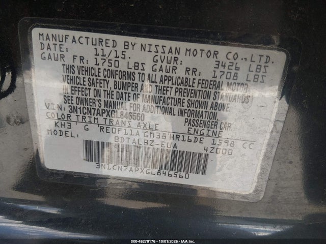 2016 Nissan Versa 1.6 Sv მანქანა იყიდება აუქციონზე, vin: 3N1CN7APXGL846560, აუქციონის ნომერი: 46270176