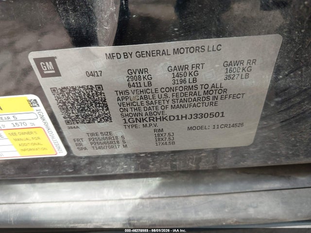 46270183 :رقم المزاد ، 1GNKRHKD1HJ330501 vin ، 2017 Chevrolet Traverse 2lt مزاد بيع