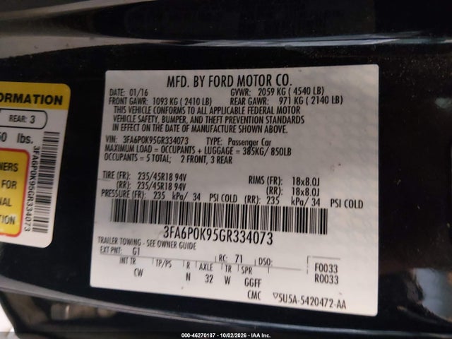 46270187 :رقم المزاد ، 3FA6P0K95GR334073 vin ، 2016 Ford Fusion Titanium مزاد بيع