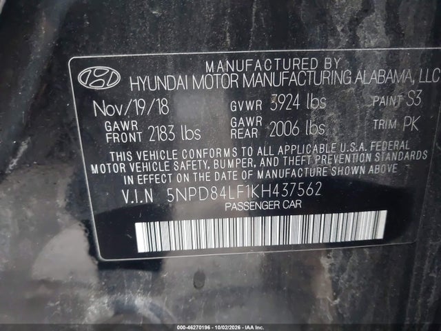 Aukcja sprzedaży 2019 Hyundai Elantra Sel, vin: 5NPD84LF1KH437562, numer aukcji: 46270196