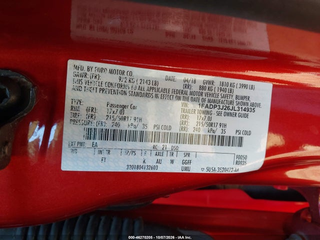 2018 Ford Focus Titanium მანქანა იყიდება აუქციონზე, vin: 1FADP3J26JL314935, აუქციონის ნომერი: 46270205