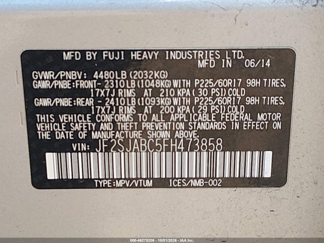 Aukcja sprzedaży 2015 Subaru Forester 2.5i, vin: JF2SJABC5FH473858, numer aukcji: 46270206