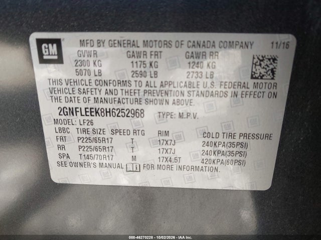 46270228 :رقم المزاد ، 2GNFLEEK8H6252968 vin ، 2017 Chevrolet Equinox Ls مزاد بيع
