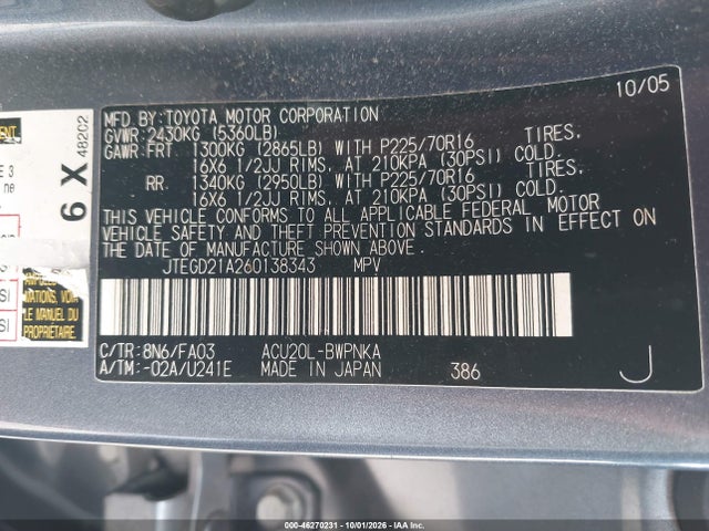 46270231 :رقم المزاد ، JTEGD21A260138343 vin ، 2006 Toyota Highlander مزاد بيع